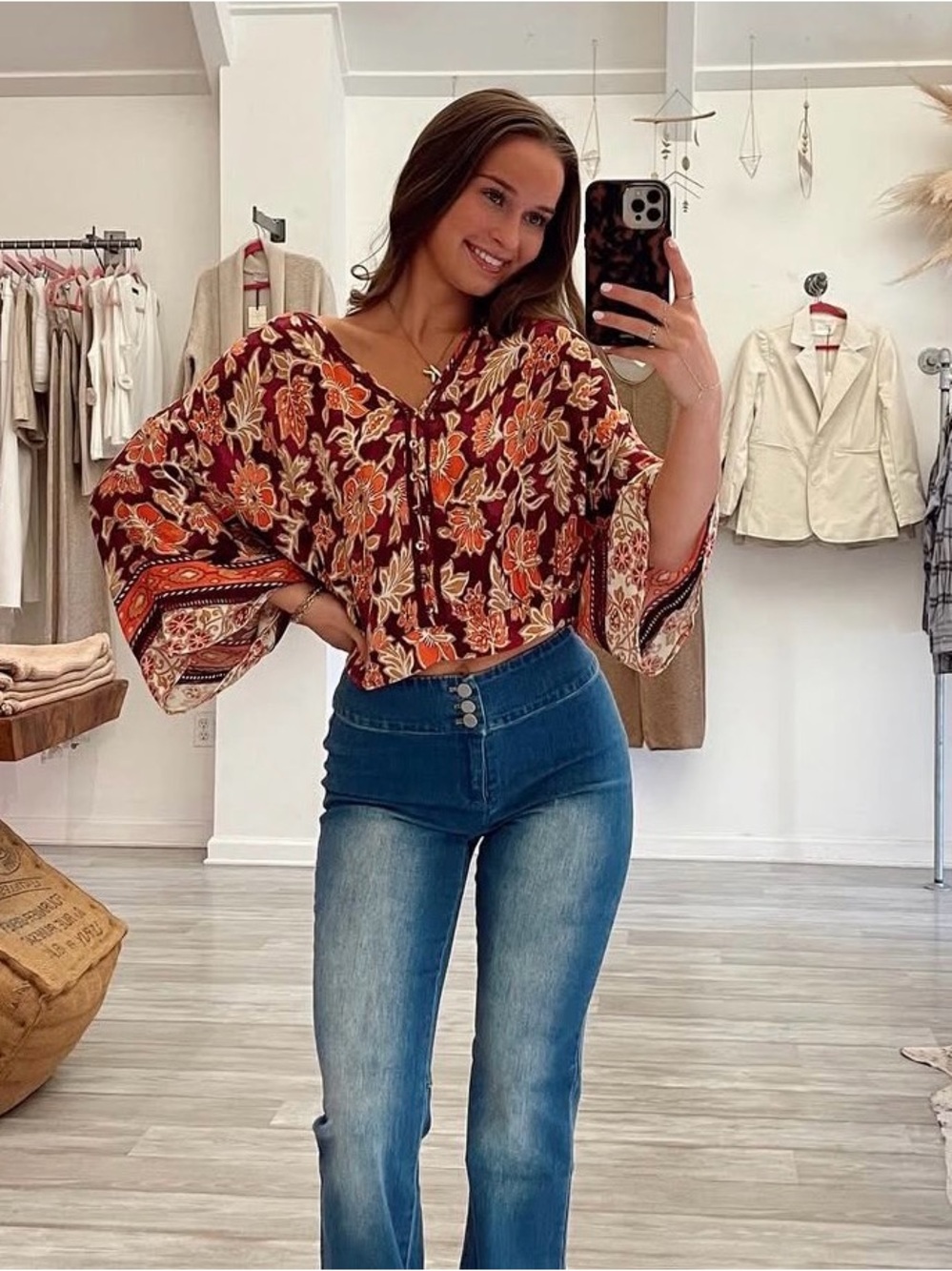 NWT Lovestitch Amber Fields Kimono Sleeve Orange Maroon Floral Blouse Size Large